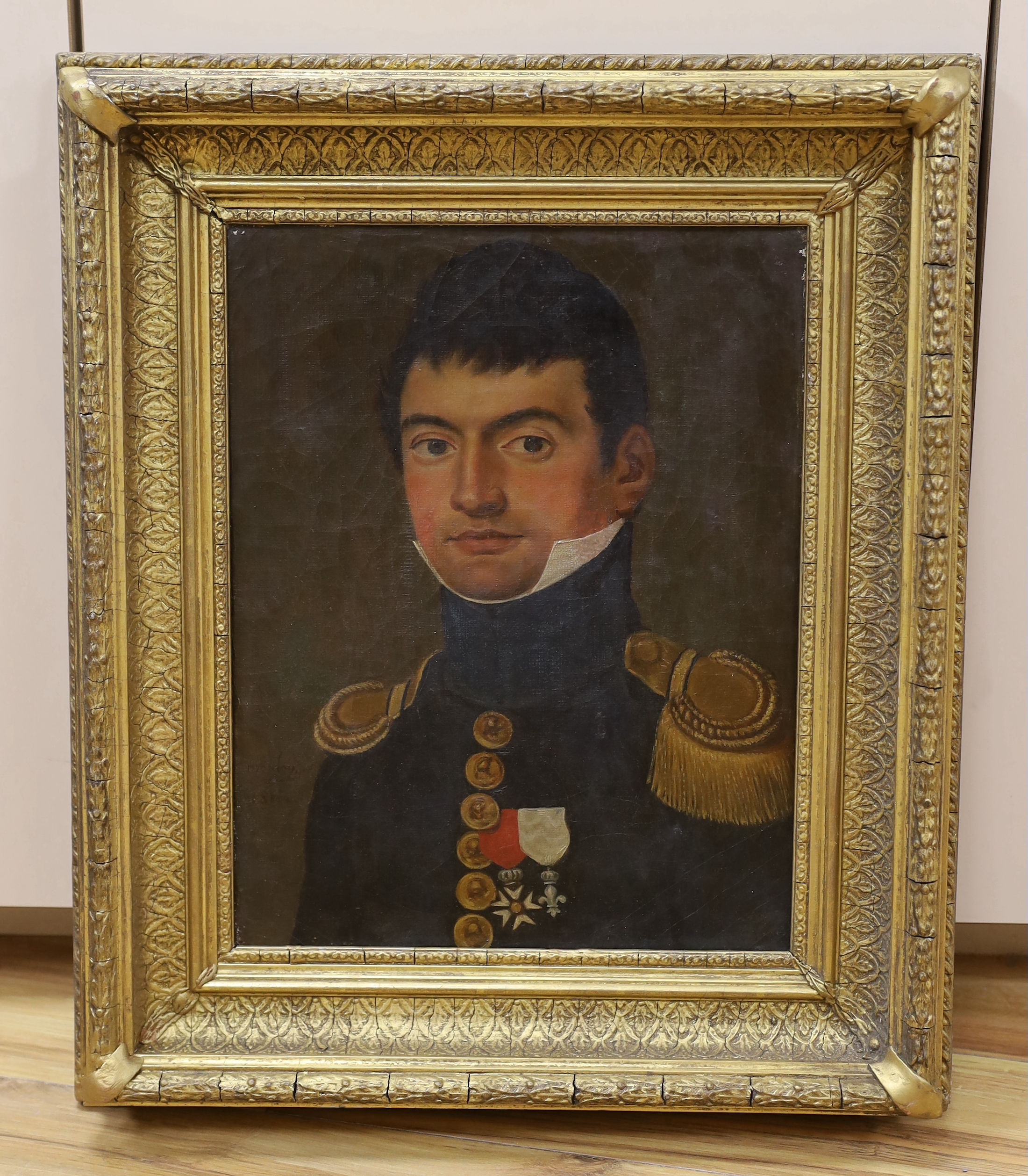 Greek School, oil on canvas,Portrait of a Naval officer, indistinctly signed and dated 1814, 40 x 31cm